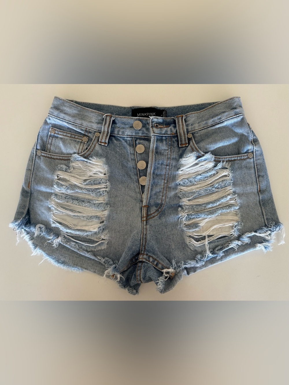 MINKPINK Light Blue Distressed High-Rise Denim Shorts